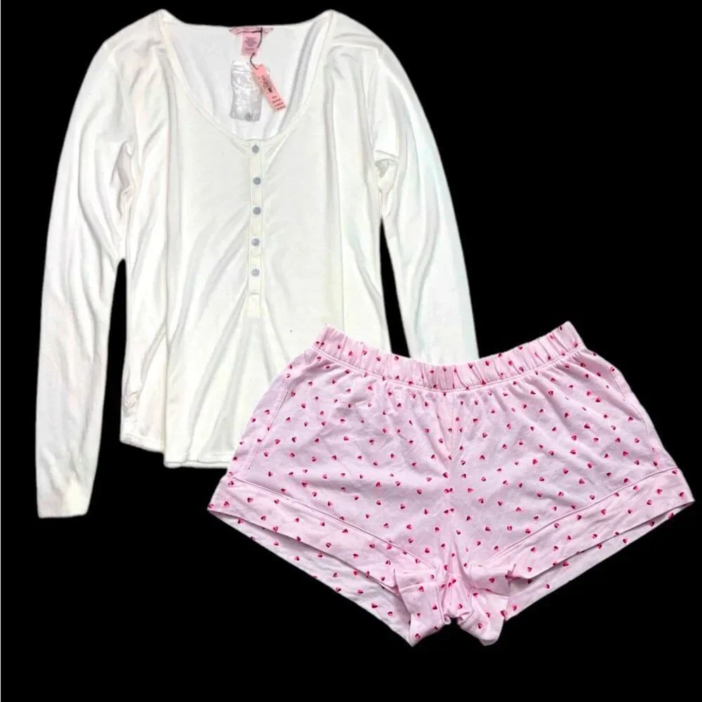Victorias Secret Soft long sleeve Henley top & cotton hearts shorts pajama set S
